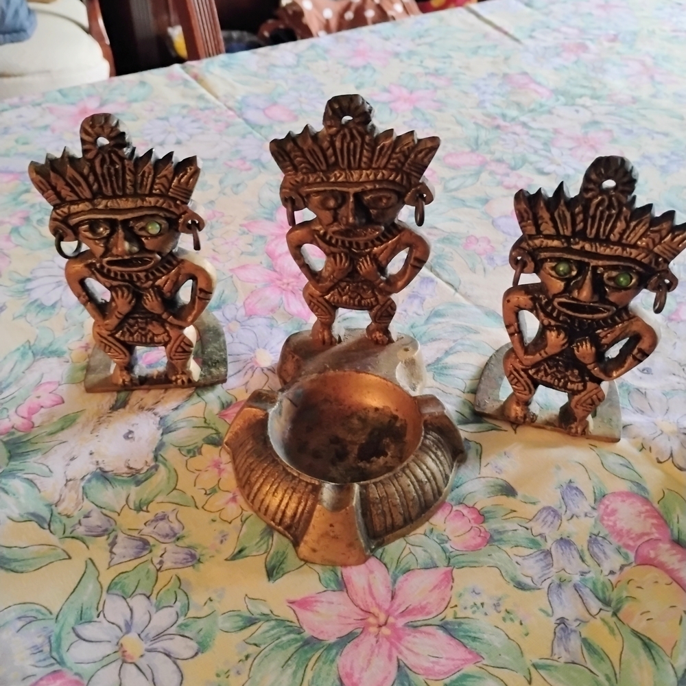 Gold-Tone Tribal Figurine Set with Ashtray - Decorative Home Accent